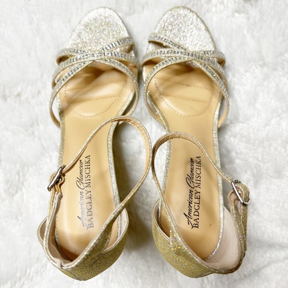 IOB Badgley Mischka Vita Open Toe Ankle Strap Stiletto Heels Gold Glitter 7.5 - Picture 4 of 14